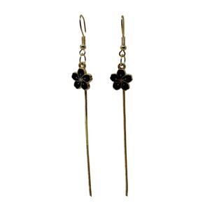 Sakura Blossom Black Flower Tassel Drop Earrings Gold Tone Metal NEW